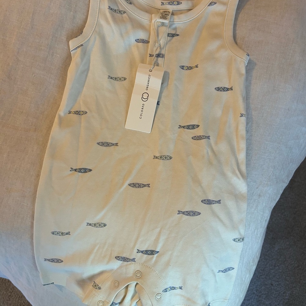 Colored Organics Cream and Blue Fish Romper